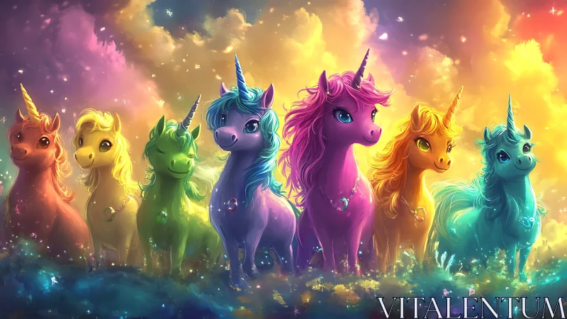 Row of multicolored unicorns stands in luminous cloudscape