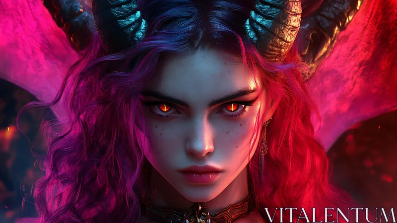 Demonic sorceress portrait with glowing eyes and horns.