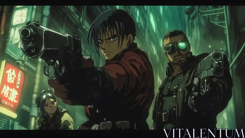 Three armed figures stand in a rain-lit urban alleyway