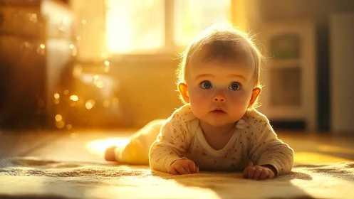 Golden morning glow around a wide-eyed curious baby.