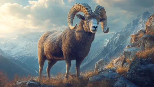 Mountain sheep stands on rocky slope before distant peaks