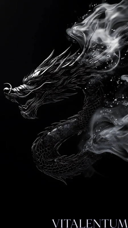 Black metallic dragon coils through smoke on dark background