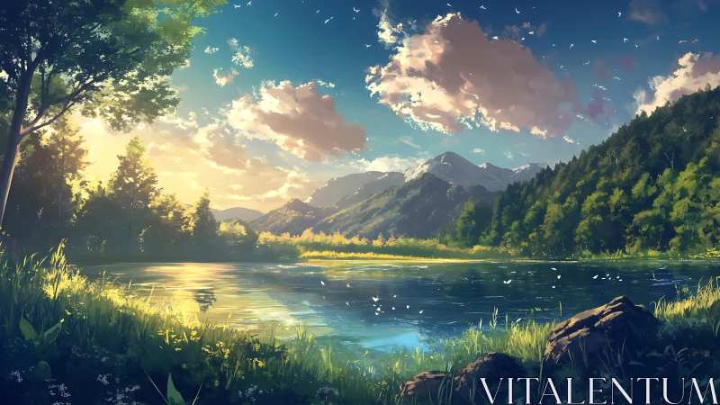 Sunlit alpine lake reflects distant snowcapped mountains.