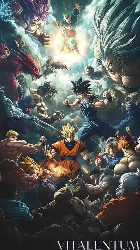 Battle-ready anime warriors converge in dense vertical composition