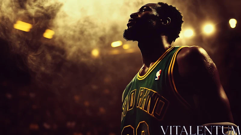 Basketball player stands under arena lights in smoky air