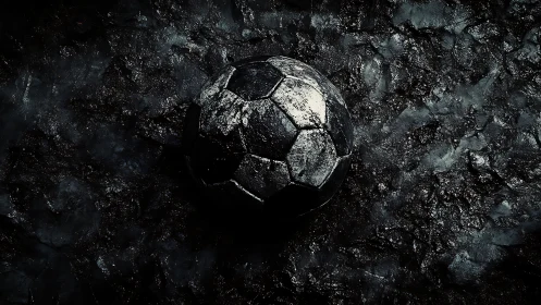 Worn black football rests on wet textured asphalt ground.