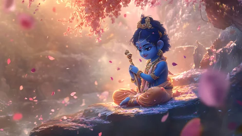 Gentle blue child beneath drifting blossoms at twilight.