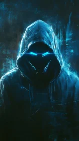 Cyber hooded figure with glowing neon visor in darkness.