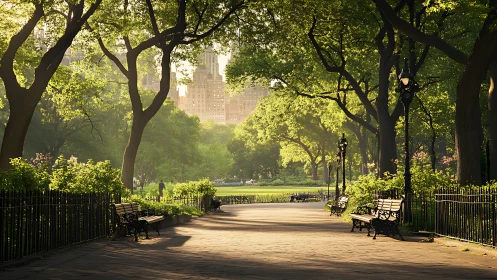 Sunlit city park promenade framed by lush green canopy.