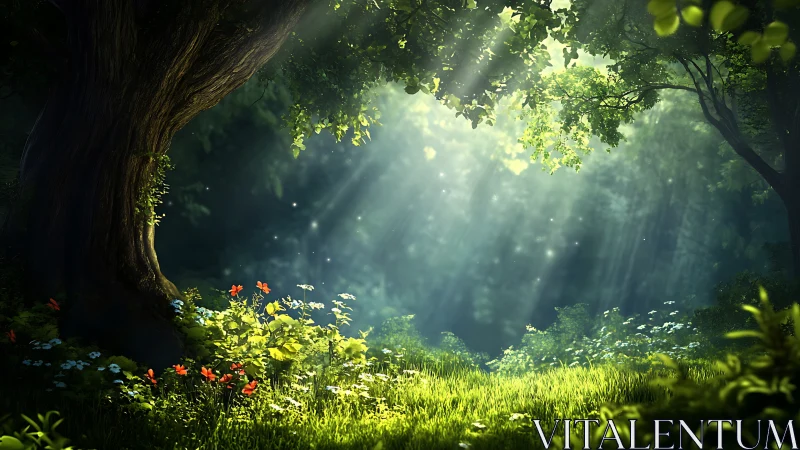Sunlit forest glade where wildflowers guard quiet magic.