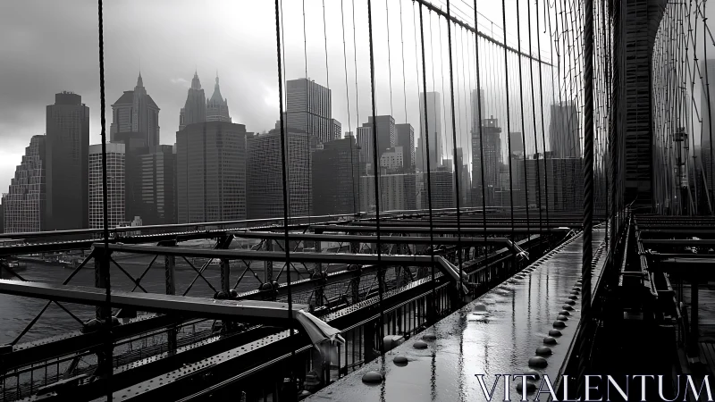 Mist-kissed city skyline from a rain-soaked steel bridge.