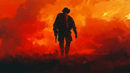 Lone soldier strides through blazing inferno of war-torn night