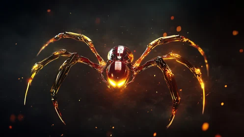Glowing cybernetic spider prowls through ember-lit darkness.