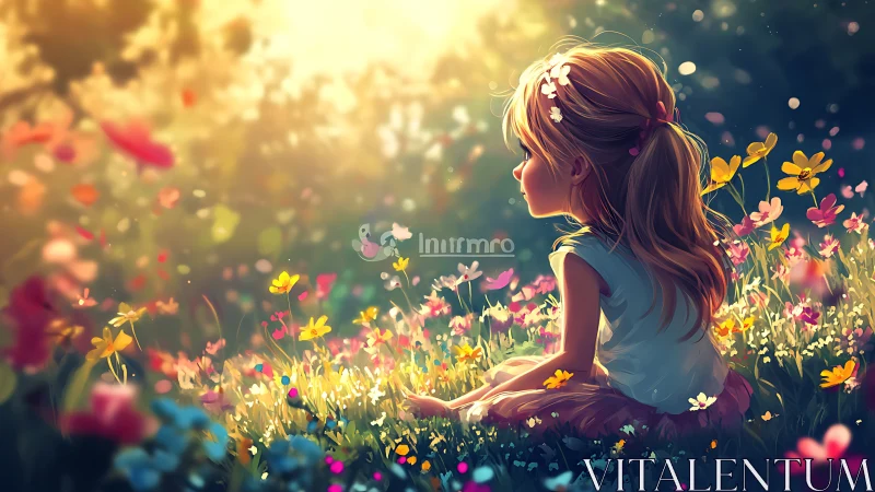 Sunlit child profile within luminous wildflower meadow.