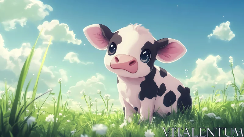 Cartoon calf resting in bright meadow under blue sky.
