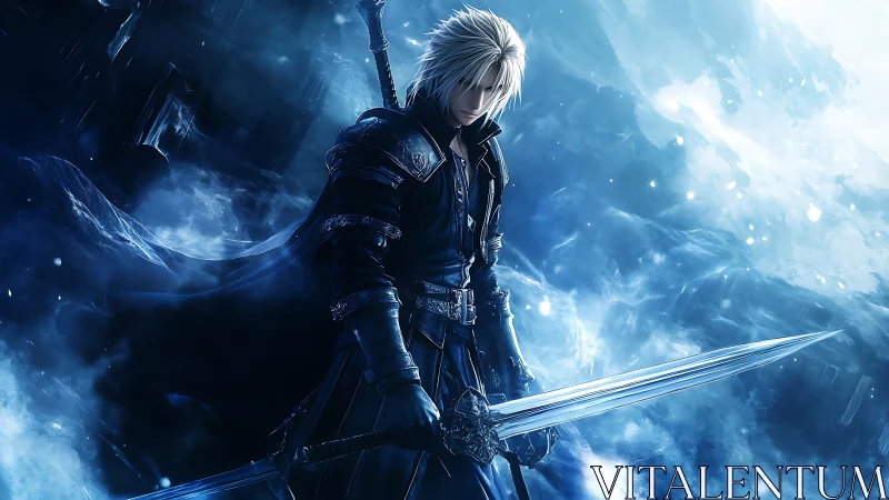 Icebound swordsman stands in swirling blue magical storm.