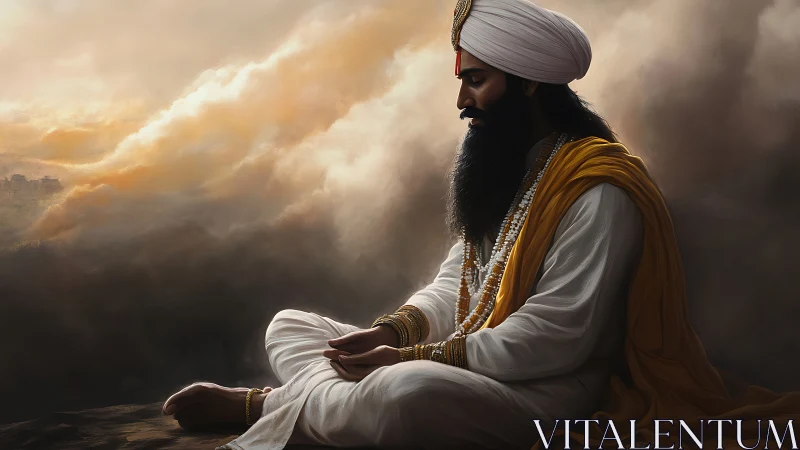 Meditative Sikh man seated in traditional robes at dusk.