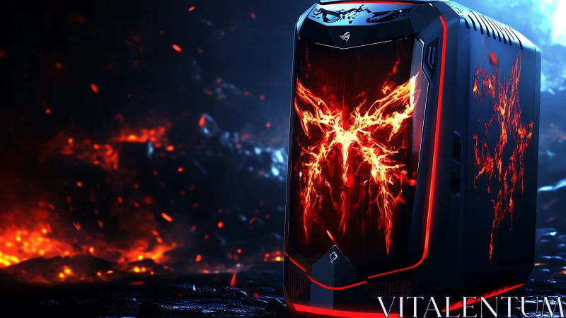 Gaming PC tower with fiery abstract front panel design.