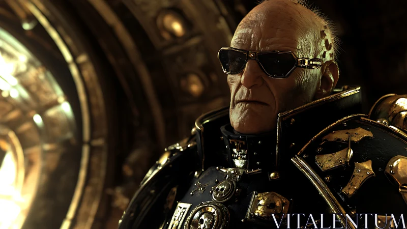 Stoic armored commander gazes ahead in golden starship glow