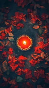 Glowing red candle surrounded by scattered crimson flower petals