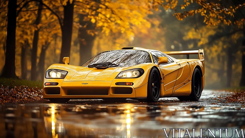 Yellow supercar with wet-surface reflections in autumn forest