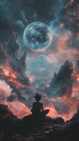 Silhouetted figure watches glowing planet above fiery clouds