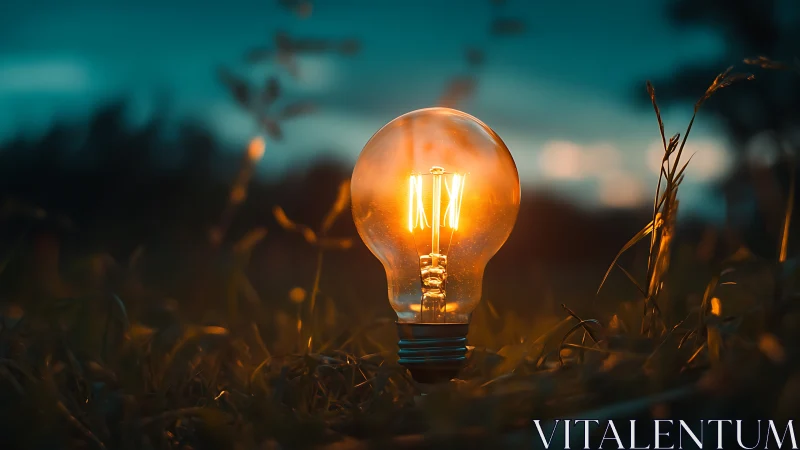 Incandescent filament bulb glowing in low-light meadow ecosystem.