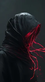 Hooded wraith silhouette with crimson digital tendrils erupting.