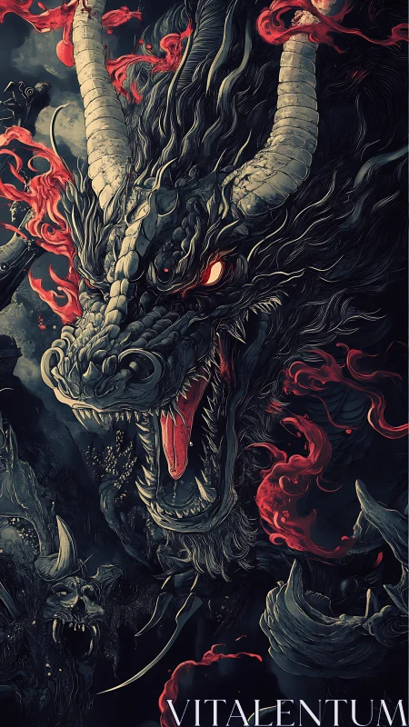 Nightfire dragon roars boldly through swirling crimson smoke