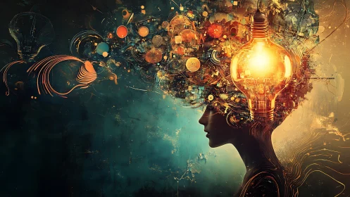 Neural silhouette with radiant bulb mindscape in teal gold.