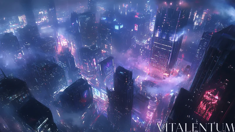 Neon-drenched cyberpunk megacity skyline in cinematic fog.