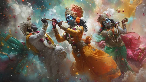 Blue-skinned figures play flutes amid swirling colored clouds