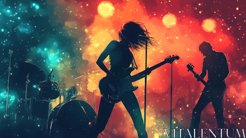 Rock band silhouettes perform under colorful stage lights