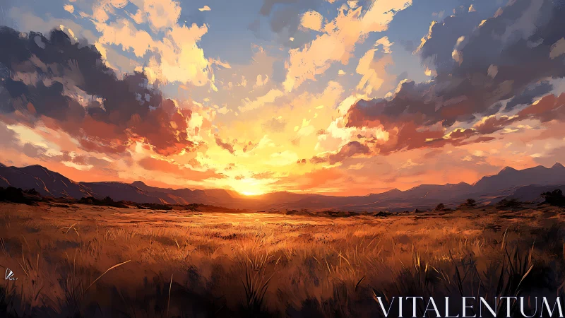 Sunset light over open grassland and distant mountains.