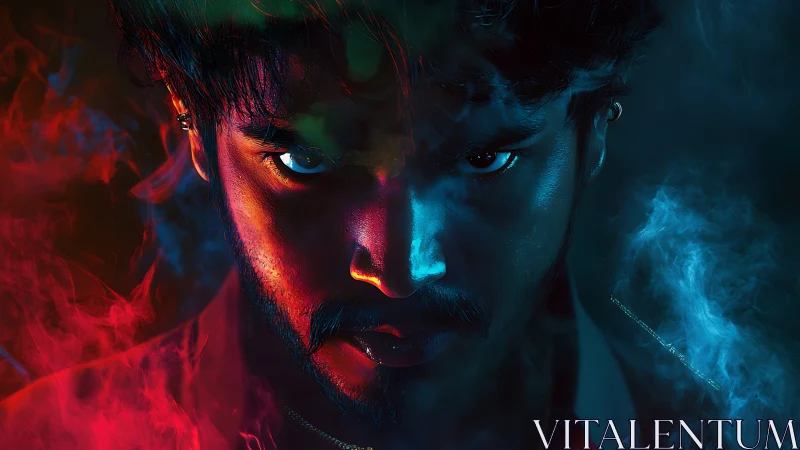 Intense split-color portrait bathed in red and blue smoke.