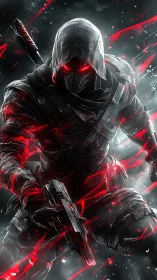 Red-veiled cyber assassin ignites the storm of midnight fury.
