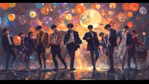 Digital painting of male dance group on reflective stage.