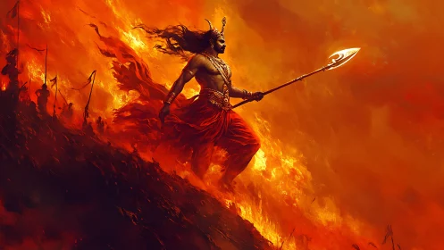 Digital painting of mythic warrior striding through inferno slope.