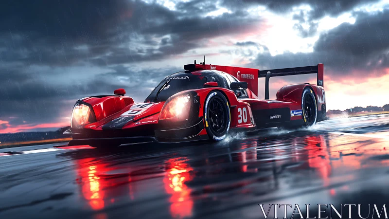 Red endurance racing car on wet track at dusk in rain.