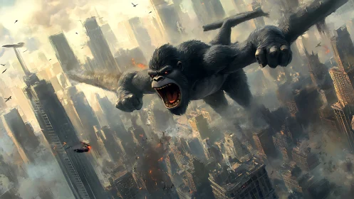 Giant gorilla grips airplane wings above dense cityscape