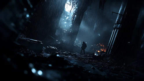 Lone wanderer exploring a rain soaked, ruined city street.