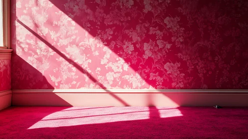 Sunlit diagonal shadows cross floral pink interior wall