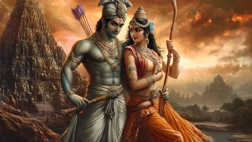 Mythological couple stands before detailed temple complexes