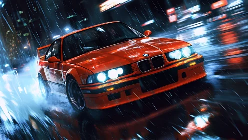 Red BMW coupe drifts through wet neon city street at night