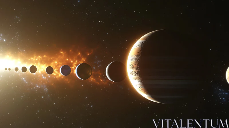 Aligned planetary bodies in illuminated deep space scene.