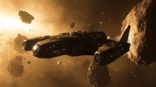 Sleek starship gliding through a glowing asteroid field.