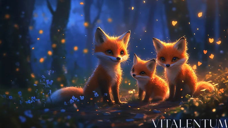 Three stylized fox cubs glow in bokeh-lit twilight forest