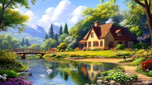 Sunny cottage beside a reflective pond radiates calm beauty