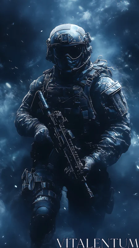Calm tactical soldier emerging through swirling blue haze.