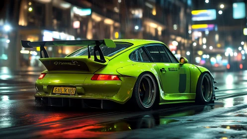 Neon green street racer glides through a rainlit city grid